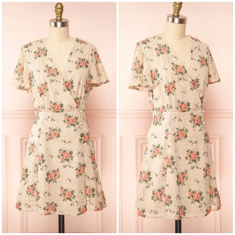 Sugarlips Cream Floral Mini Dress with Pink Roses - Picture 8 of 10